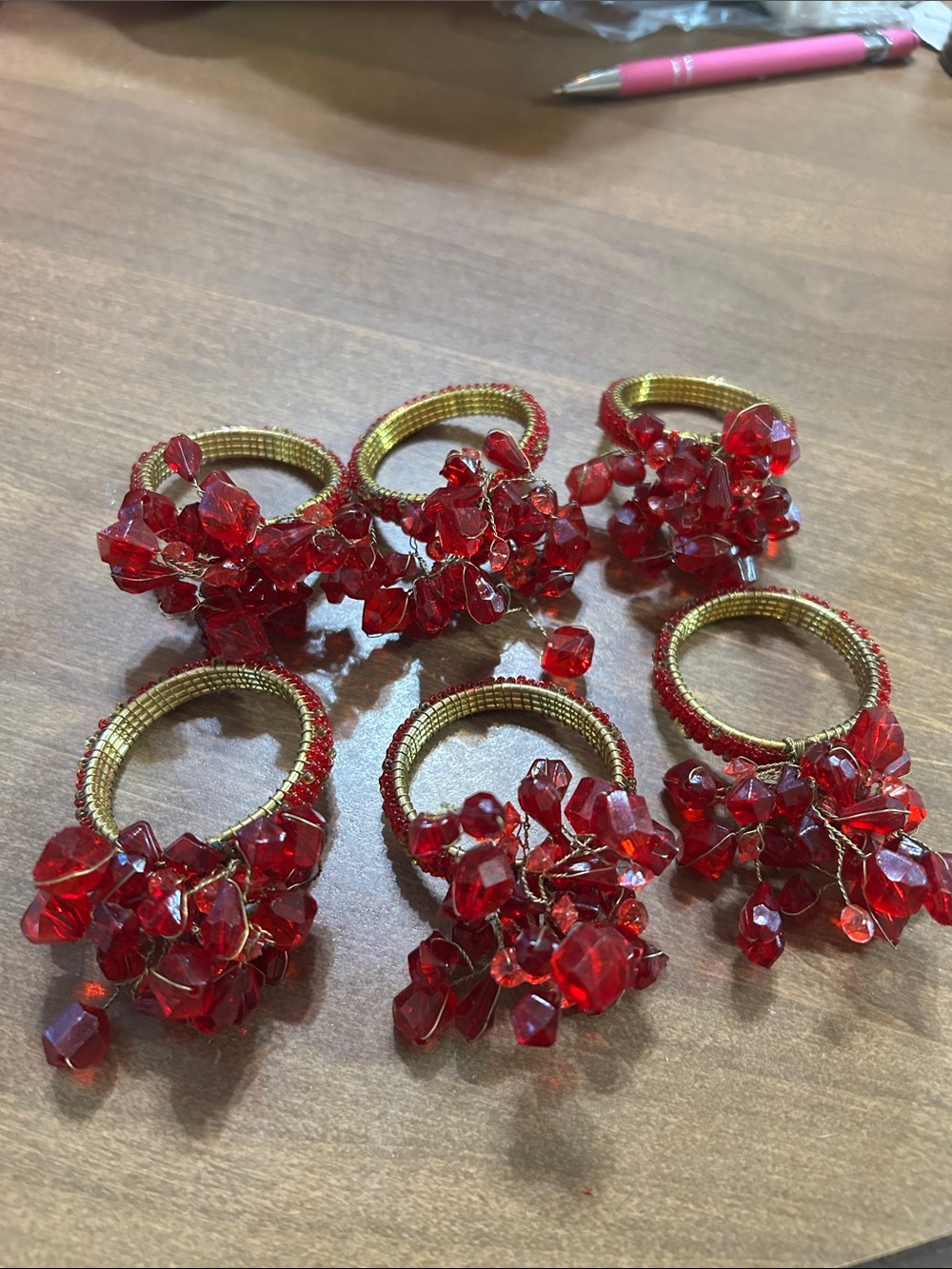 Six Red Beaded Cluster Napkin Rings